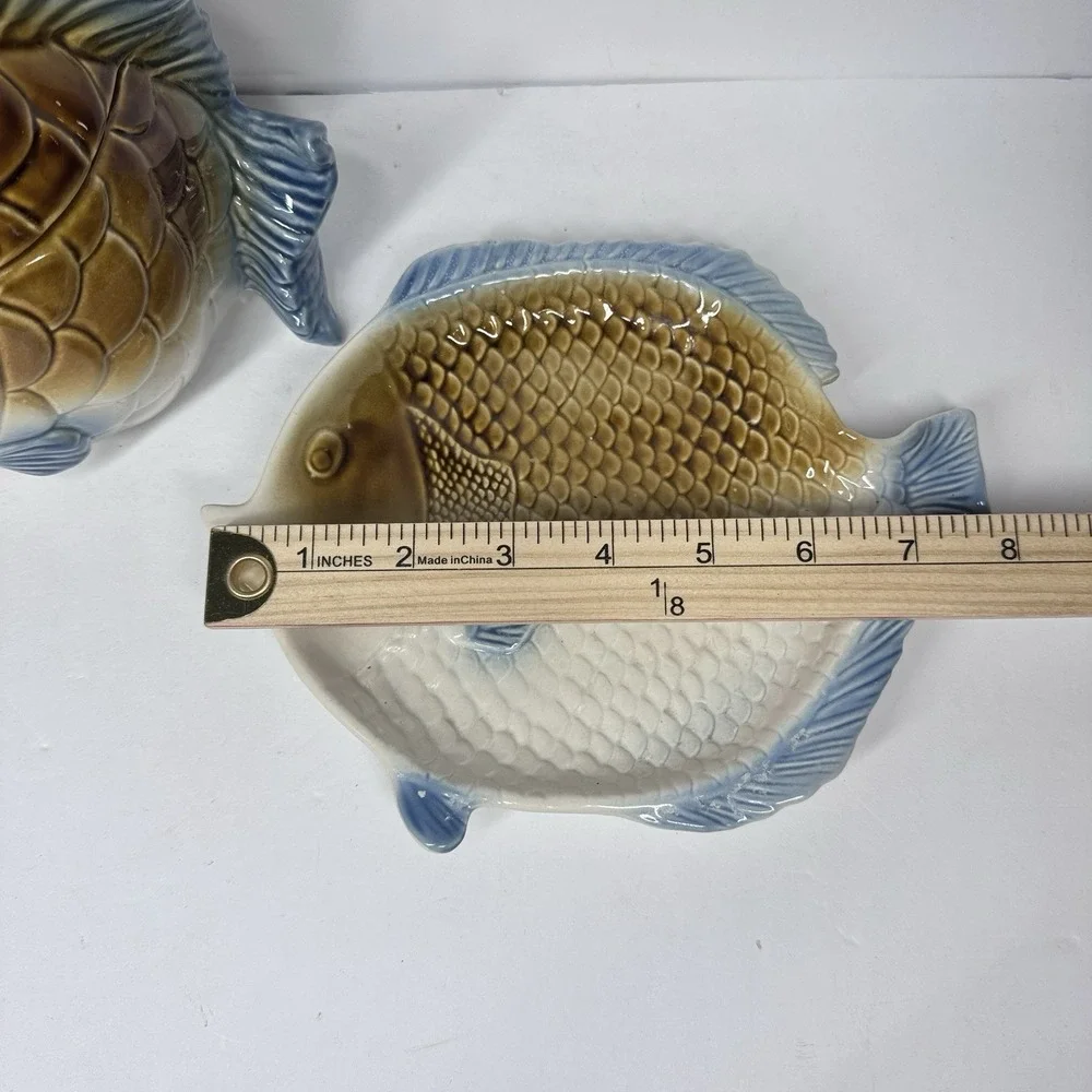 Vintage Fish Shaped Sugar Bowl Lid Plate Set Ceramic Japan Style Kitchen‎